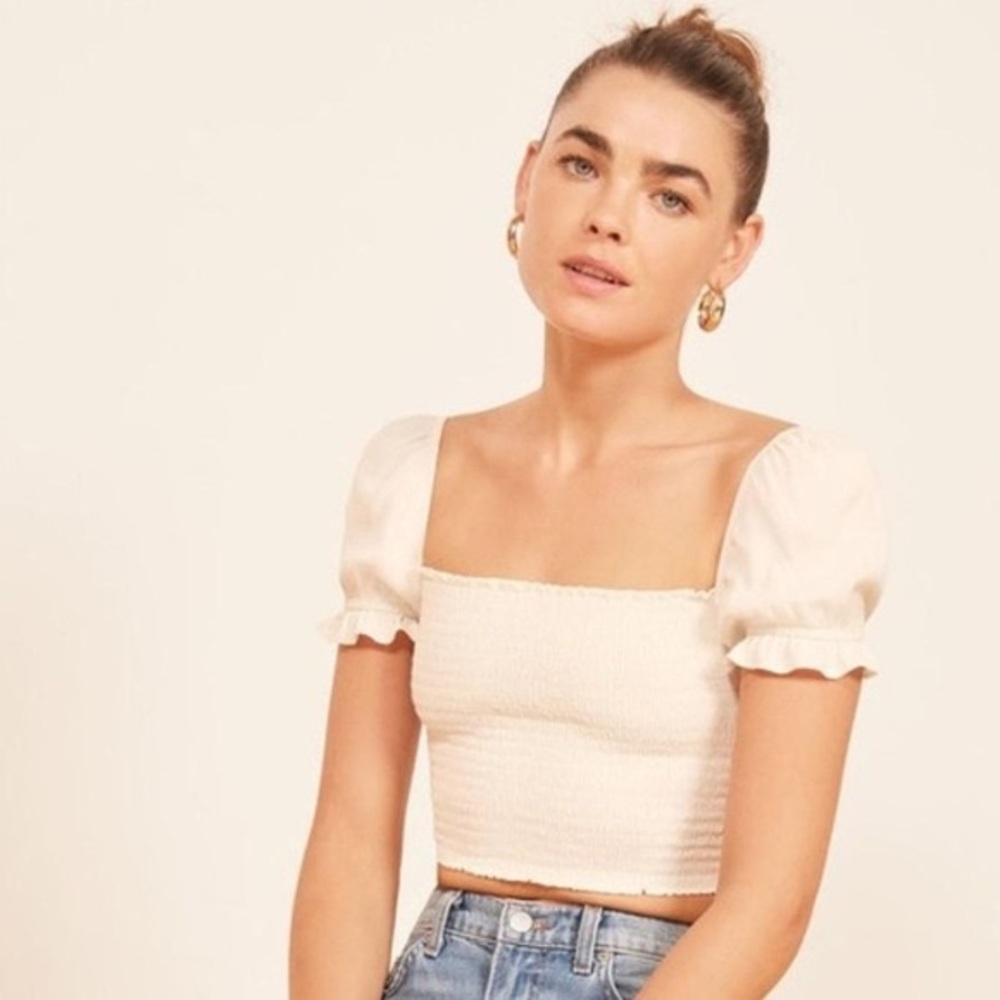 REFORMATION Louisiana white smocked top
